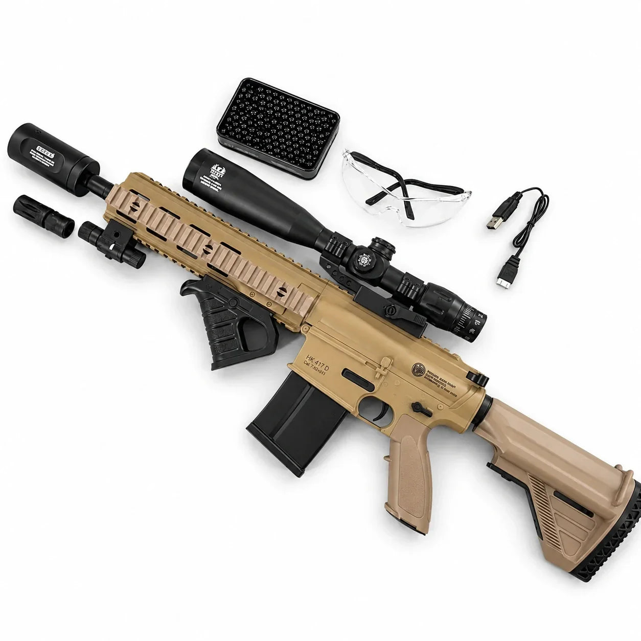 Exquisite Engraving HK417 Gel Blaster With 7 Colors of Lighted Silencer