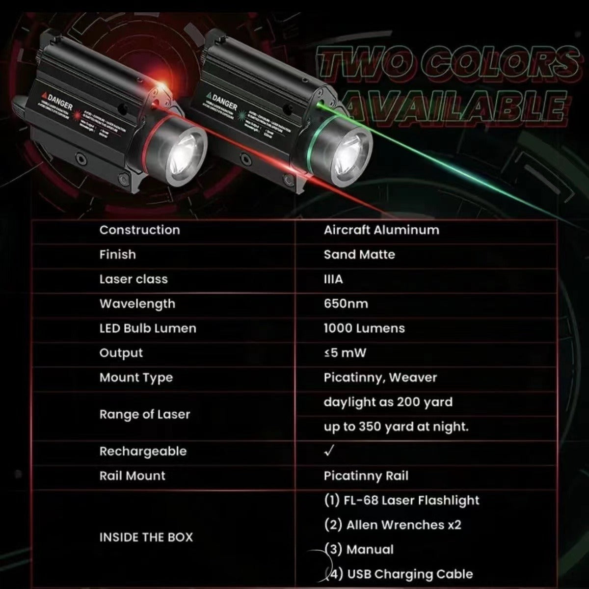 1000/1200 Lumen Under-Hang Metal Laser Flashlight